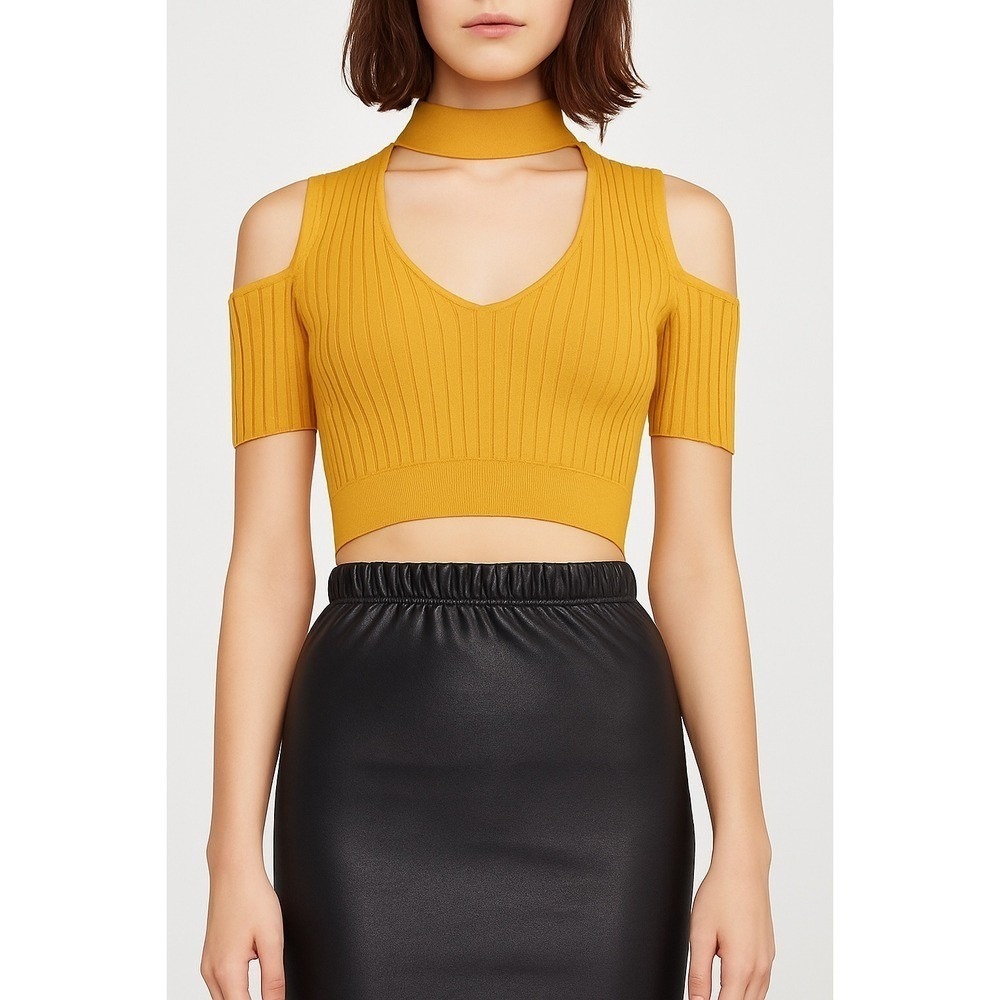 BCBGMAXAZRIA XXS Top Mustard Yellow Ribbed Knit Mock Neck Cold Shoulder Y2K